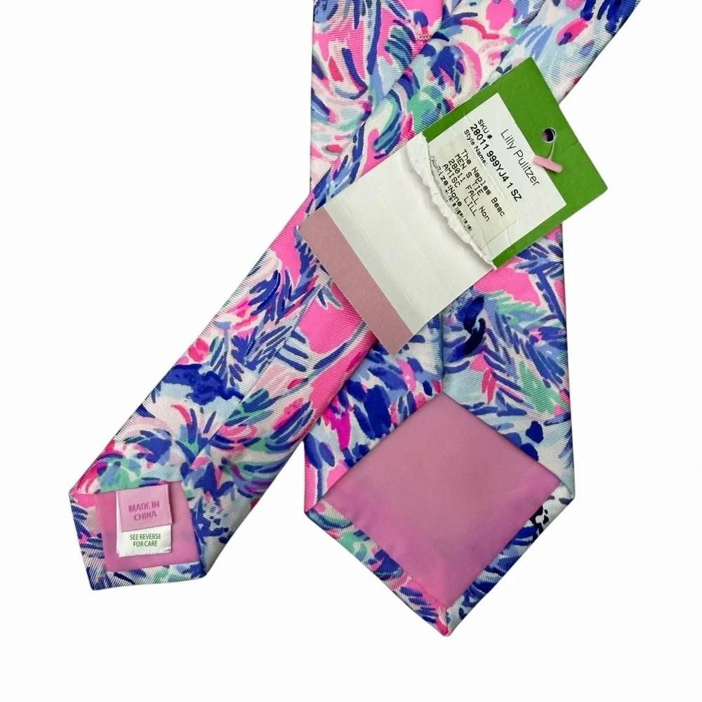 Lilly Pulitzer NEW Tie Naples Beach Floral Palms Pink/Blue Silk 3 3/8